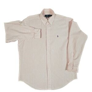 👔 Ralph Lauren Men's Bengal Stripe Seersucker Shirt – L – Peach – Classic Fit